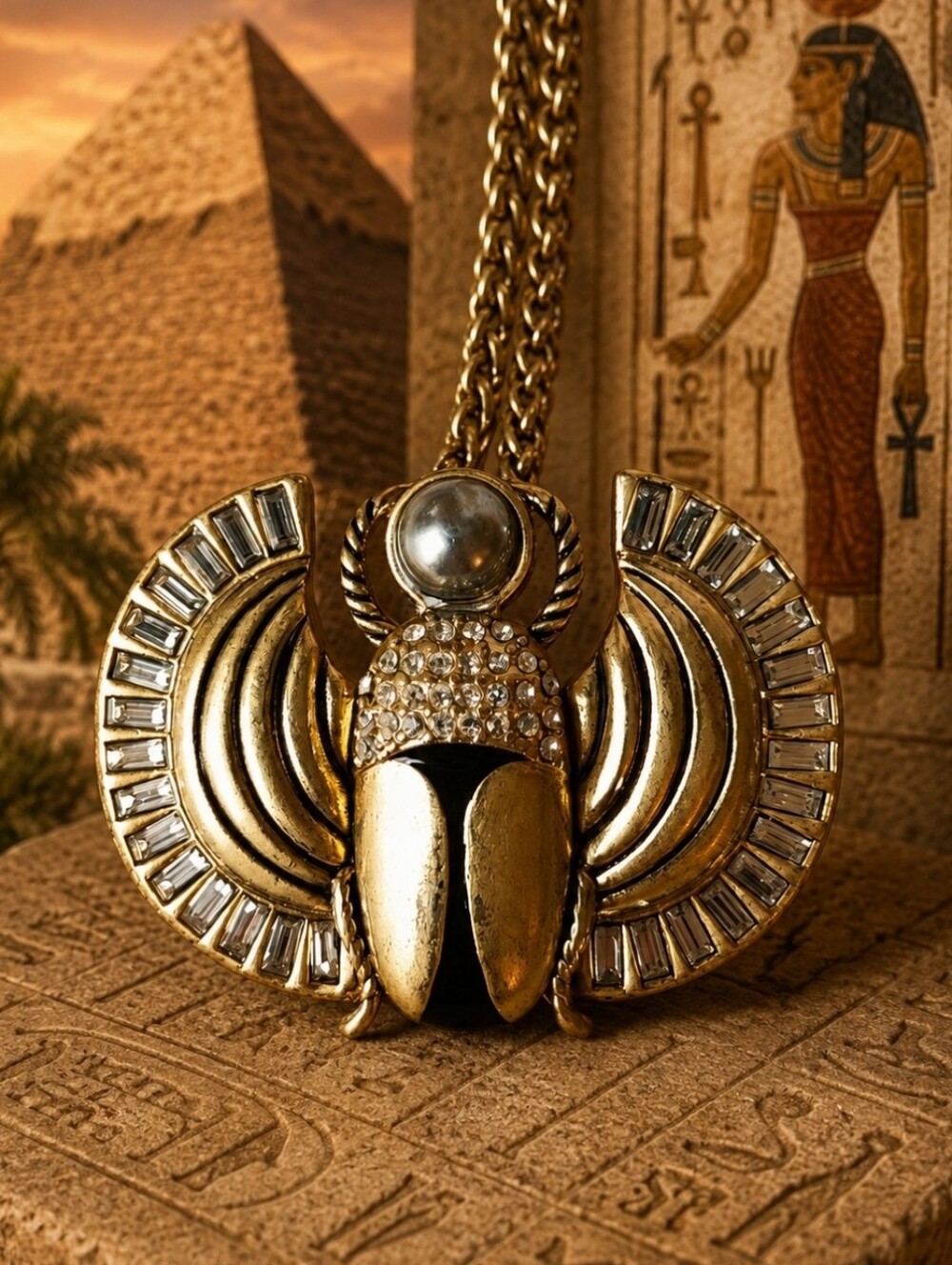 Lia Sophia Signed Egyptian Revival Scarab Winged Insect Necklace Pendant Brooch